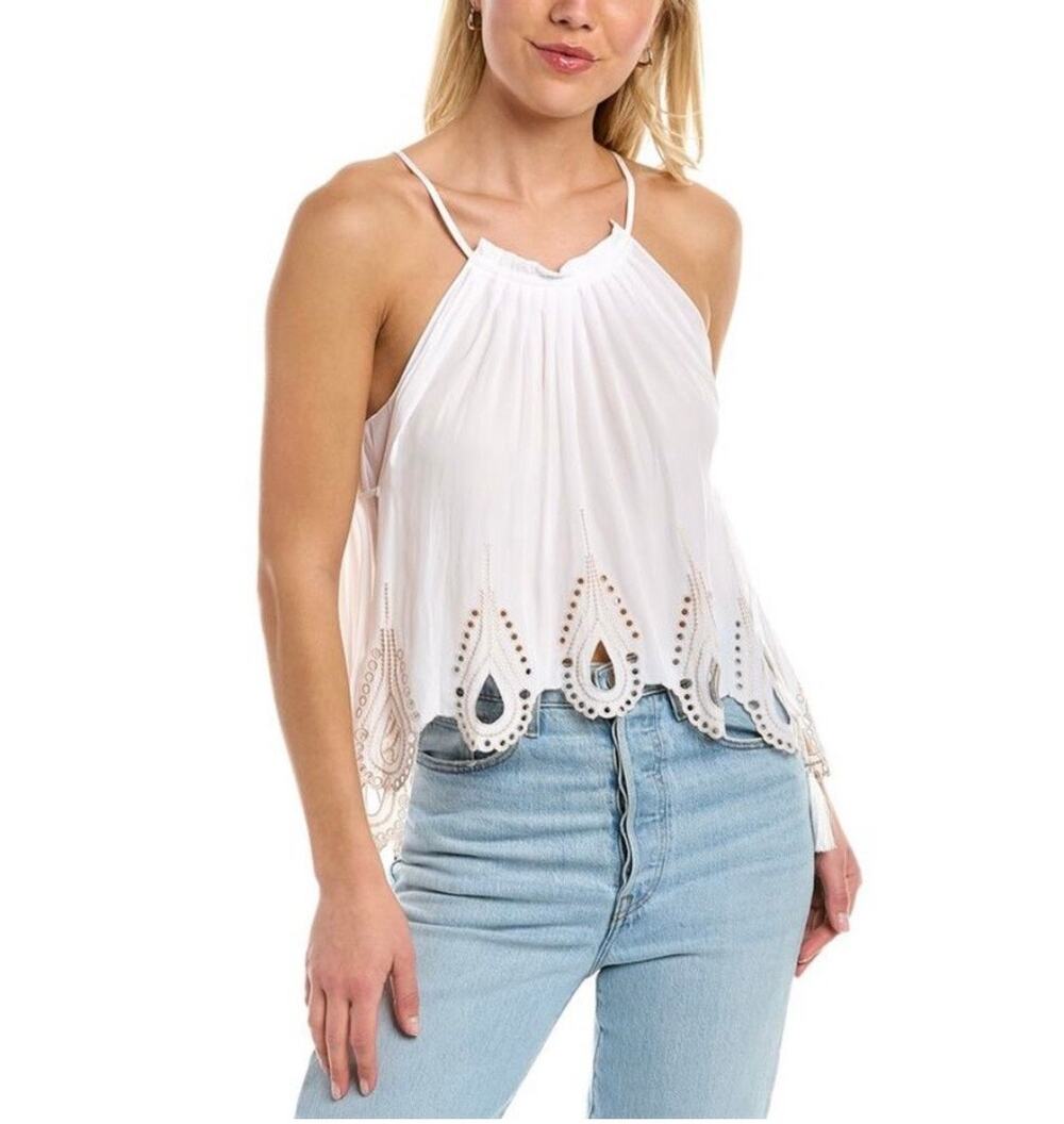 RAMY BROOK Lilyanne Contemporary Boho Ecru Eyelet Side-Tie Pleat Neck Halter